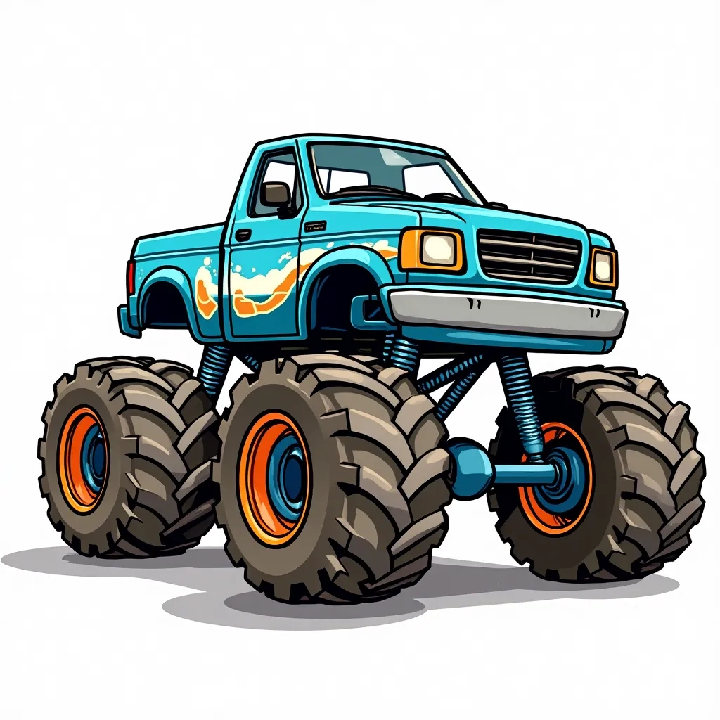 Coloring Page (colored): Monster Truck Rally - A huge monster truck with bright blue paint and flame decals ramping over a pile of colorful tires under a sunny sky.