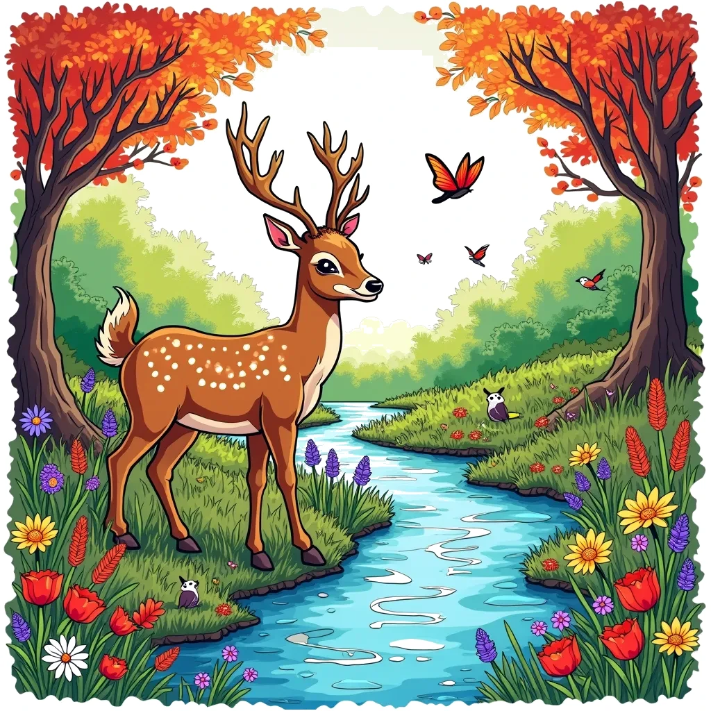 Coloring Page (colored): Deer in the Forest - A graceful deer standing by a sparkling stream in a vibrant forest, surrounded by flowers and butterflies, with birds chirping happily in the background.