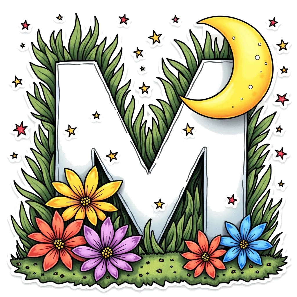 Coloring Page (colored): M is for Moon - A glowing moon hanging in the night sky next to the letter M, with a few twinkling stars scattered around.