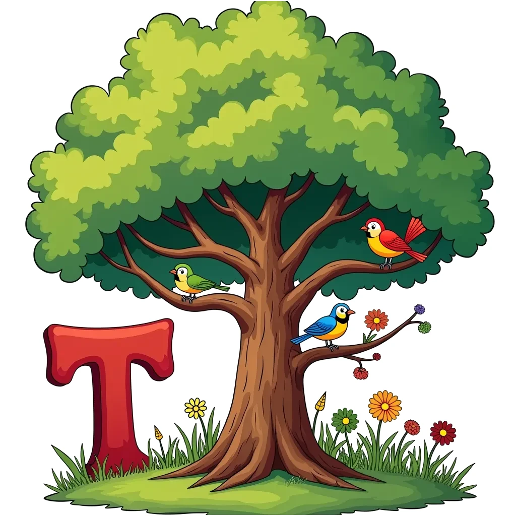 Coloring Page (colored): T is for Tree - A large, leafy tree with a sturdy trunk next to the letter T, with birds perched on its branches.