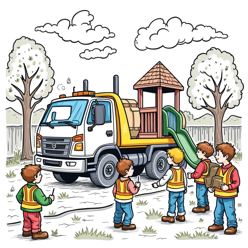 Coloring Page (colored): The Busy Maintenance Vehicle - A maintenance vehicle is repairing a park's playground while children watch and play nearby, showcasing teamwork and effort.