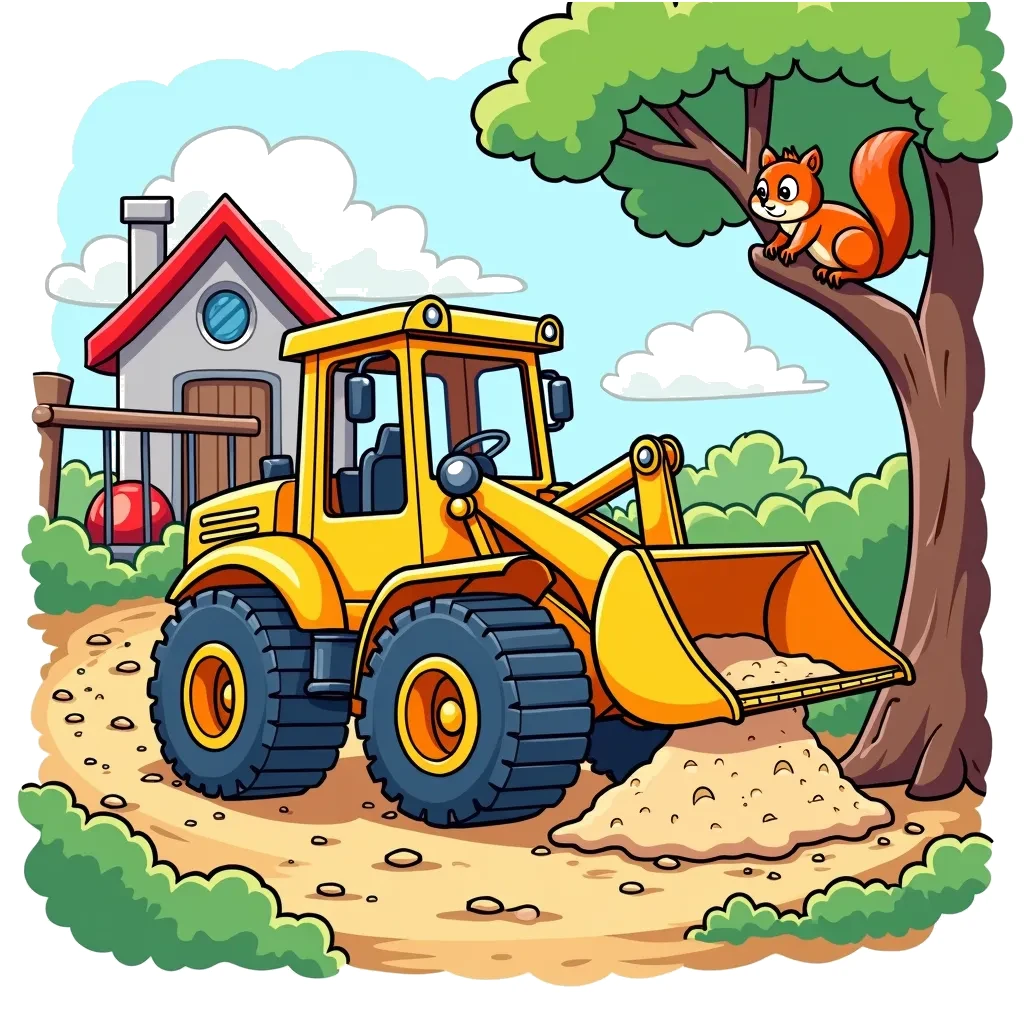 Coloring Page (colored): Loader and the Playground - A bright yellow loader is moving sand to build a playground, with a curious squirrel observing the construction work from a nearby tree.