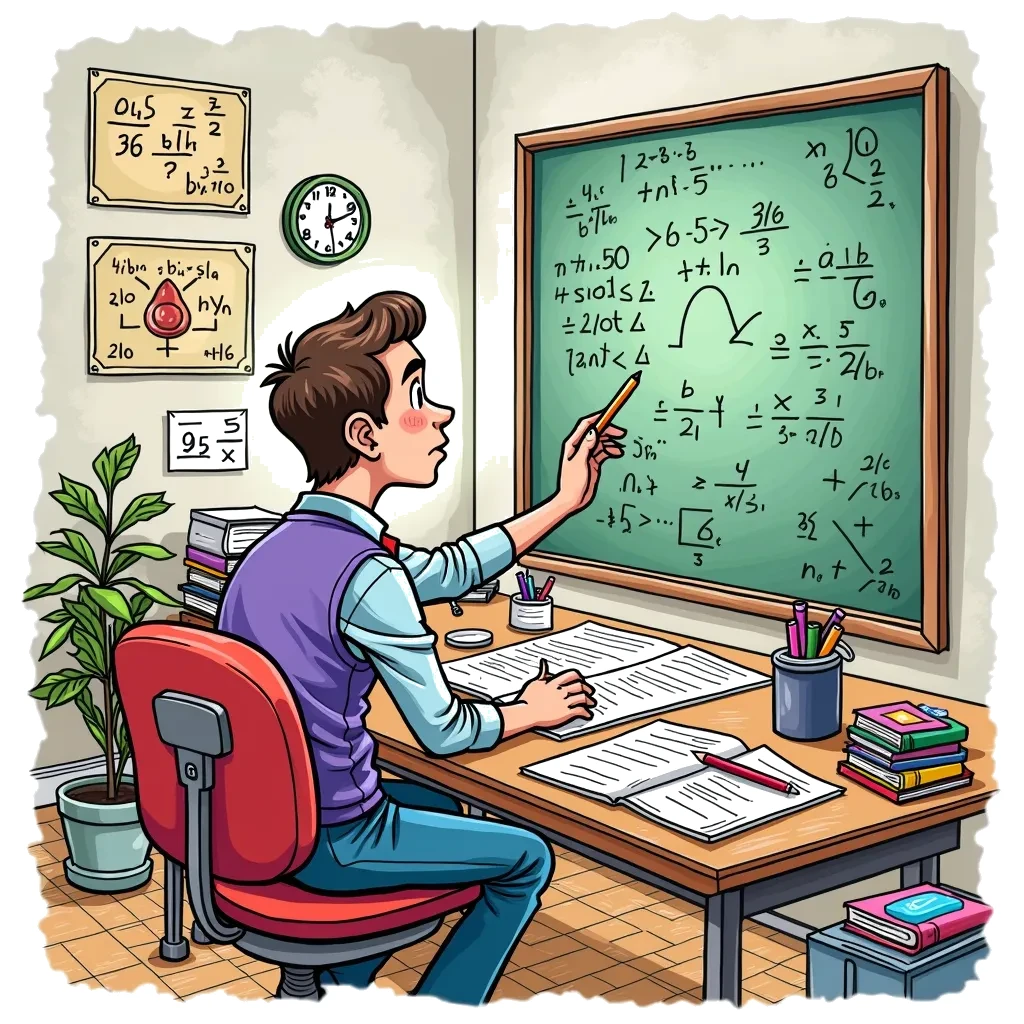 Coloring Page (colored): The Mathematician's Puzzle - A mathematician is sitting at a desk covered with papers filled with equations and geometric shapes, while holding a pencil and contemplating a large chalkboard filled with math problems.