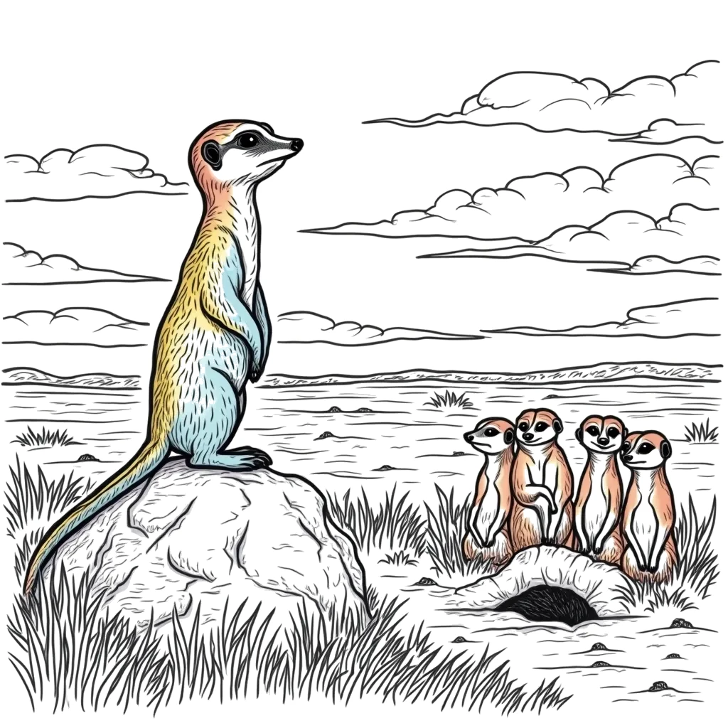 Coloring Page (colored): Mongoose Adventures - A mongoose is standing on a rock, looking out over a savanna while a group of meerkats peers curiously from a nearby burrow.
