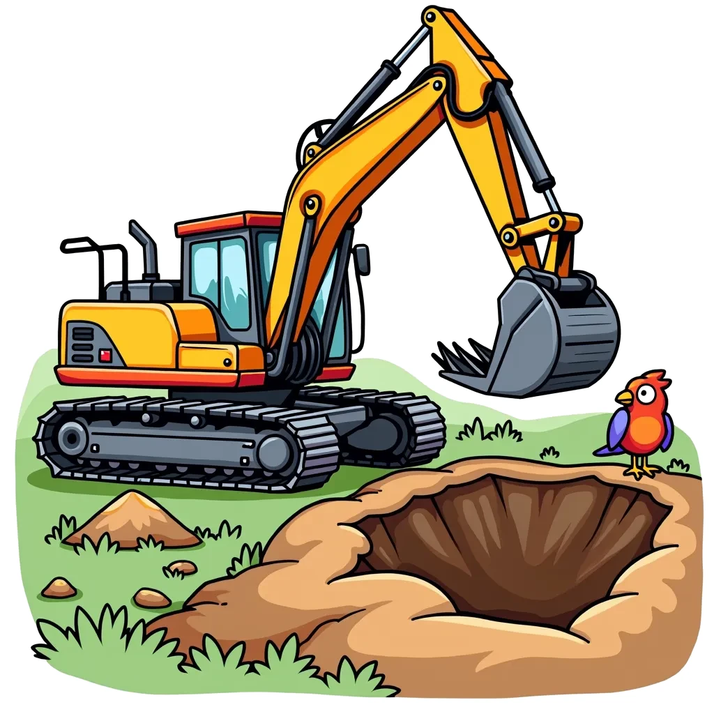 Coloring Page (colored): Excavator Adventure - An excavator is digging a big hole in the ground, with a pile of dirt beside it. There’s a friendly bird perched on the edge of the hole, watching the work.