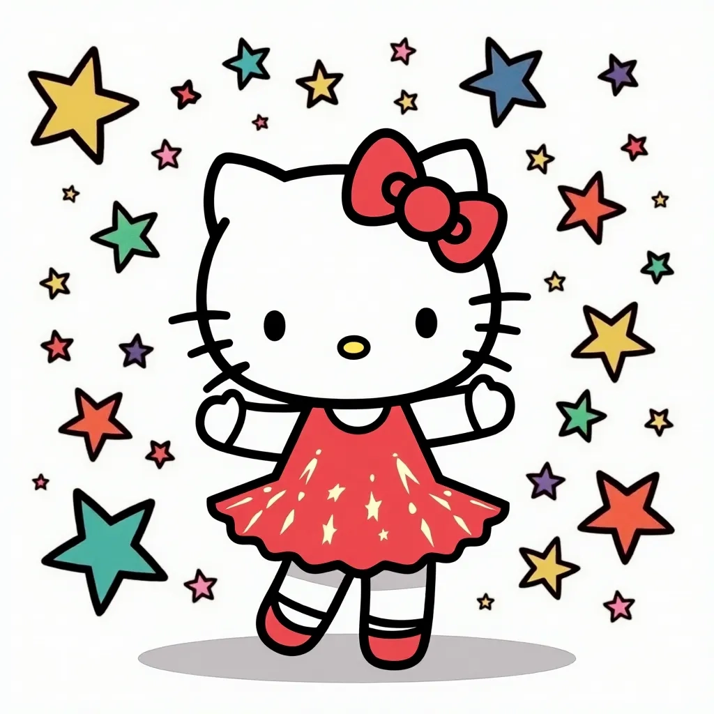 Coloring Page (colored): Hello Kitty Dancing - Show Hello Kitty practicing ballet in a bright, sunlit studio, with colorful streamers hanging down, and a bouquet of flowers on the floor.