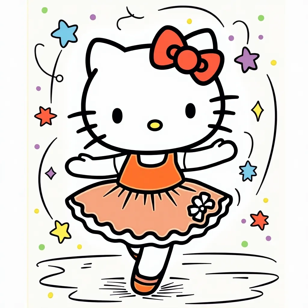 Coloring Page (colored): Hello Kitty Dancing - Show Hello Kitty practicing ballet in a bright, sunlit studio, with colorful streamers hanging down, and a bouquet of flowers on the floor.