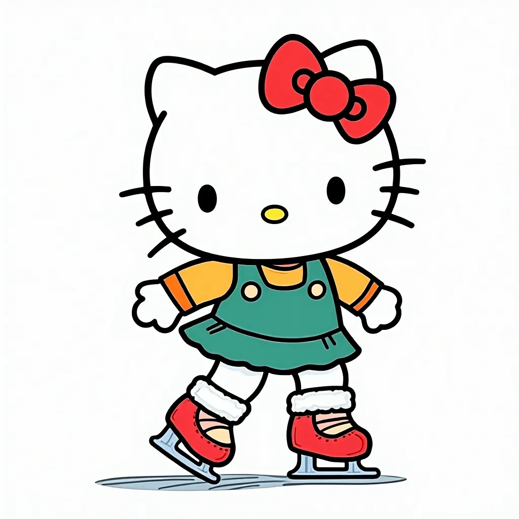 Coloring Page (colored): Hello Kitty Figure Skating - Illustrate Hello Kitty gracefully figure skating on a shimmering ice rink, wearing a sparkling costume and a cozy scarf, with swirling snowflakes around her.