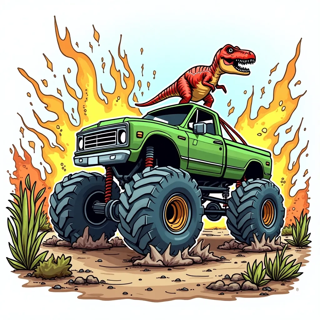 Coloring Page (colored): Monster Truck vs. Dinosaurs - A green monster truck revving its engine in front of a friendly dinosaur in a lush green prehistoric jungle.