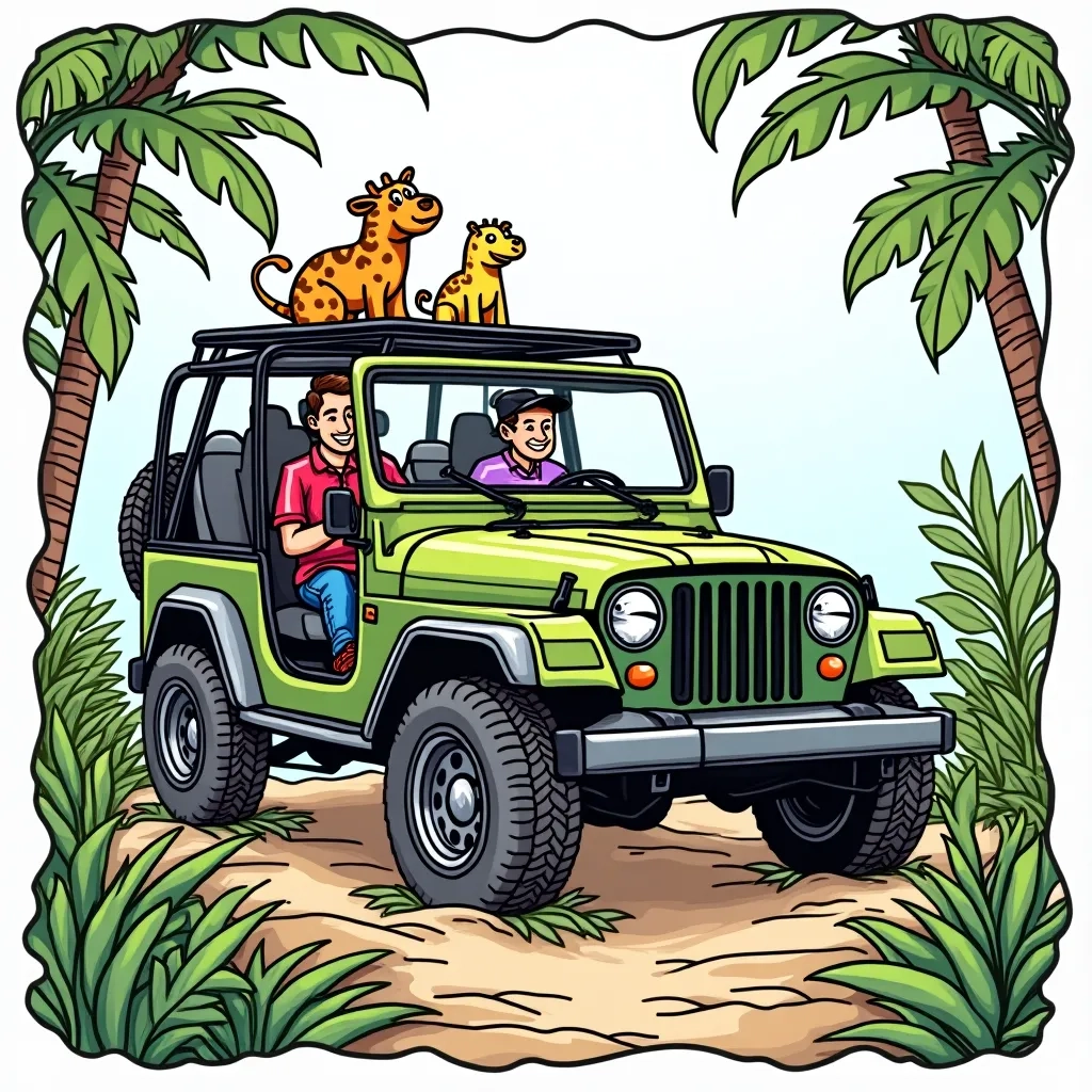 Coloring Page (colored): Jungle Journey - An adventurous jeep driving through a lush jungle filled with exotic flowers, parrots, and vibrant wildlife.