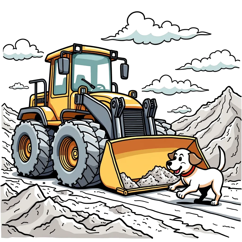 Coloring Page (colored): Bulldozer in Action - A bulldozer is pushing a large pile of dirt on a construction site. A cheerful little dog is running alongside, barking excitedly as it tries to keep up with the mighty machine.