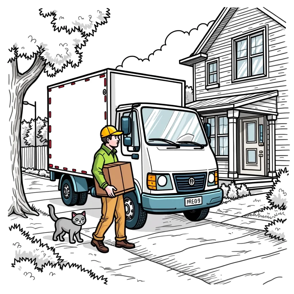 Coloring Page (colored): Box Truck Delivery - A box truck parked outside a house, with a delivery person carrying a large package up to the front door, while a curious cat watches from the porch.