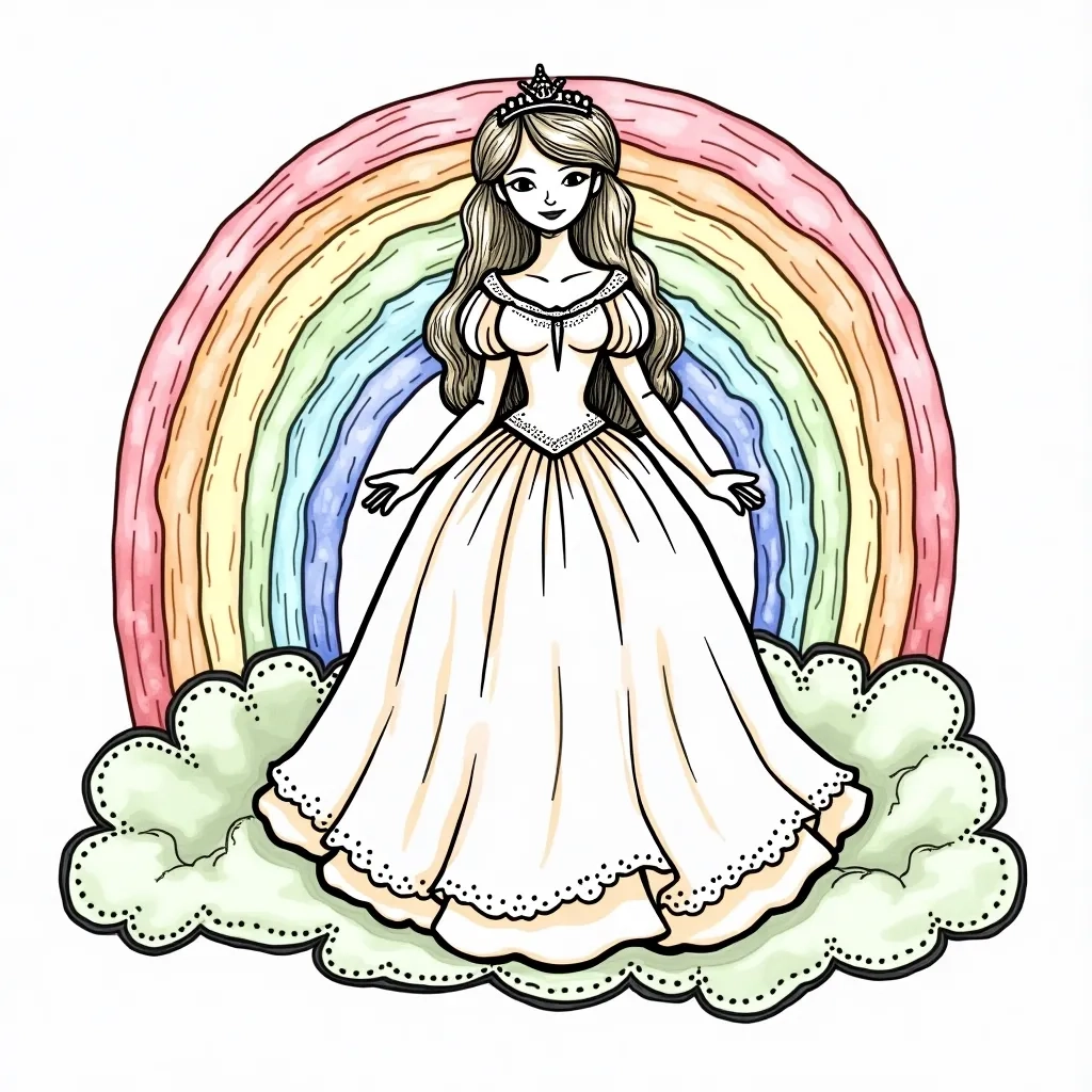 Coloring Page (colored): Princess of the Rainbow - A whimsical princess standing on a floating cloud surrounded by colorful rainbows, with butterflies fluttering around her. The sky is a vibrant blue with fluffy white clouds.