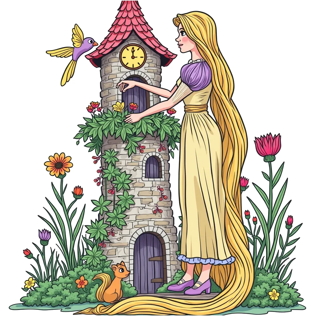 Coloring Page (colored): Rapunzel's Tower Garden - Rapunzel is standing at the top of her tall tower, tending to a magical garden that grows colorful flowers and singing birds. Her long hair is cascading down, and there's a curious squirrel peeking out from behind a bush.