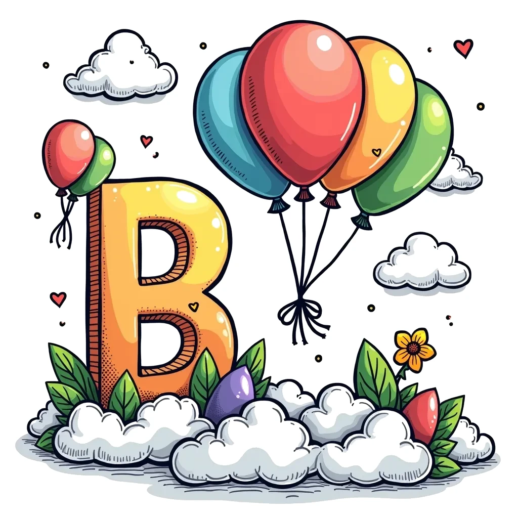 Coloring Page (colored): B is for Balloon - A big, colorful balloon floating in the air alongside a bold letter B, with clouds in the background.