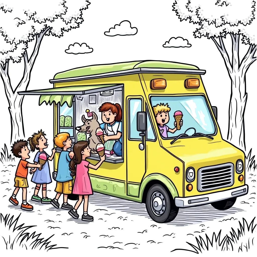 Coloring Page (colored): The Ice Cream Truck's Busy Day - An ice cream truck is parked in the park, surrounded by excited children. The truck is brightly colored, and the ice cream vendor is serving up cones while a dog jumps up in excitement for a treat.