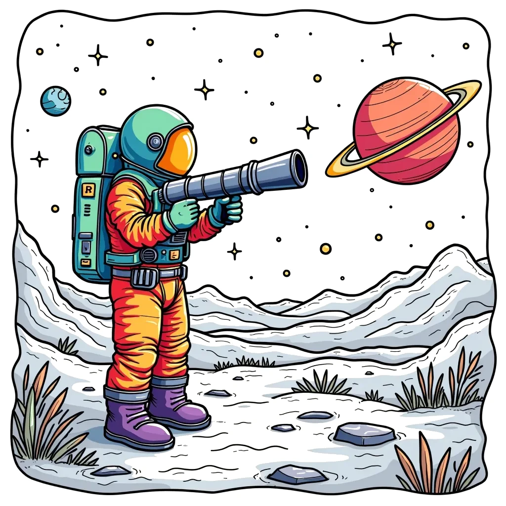 Coloring Page (colored): Galactic Observatory - An astronaut stands on the surface of a moon, gazing through a high-tech telescope at the stars. The background features a breathtaking view of a nearby planet with rings.