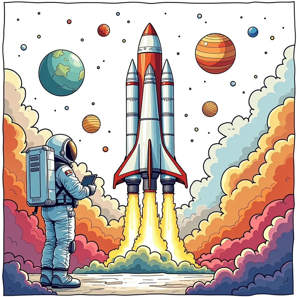 Coloring Page (colored): Rocket Launch - A rocket prepares for launch on a space station. The scene is filled with excitement as an astronaut conducts final checks while colorful rockets and planets are visible in the background.