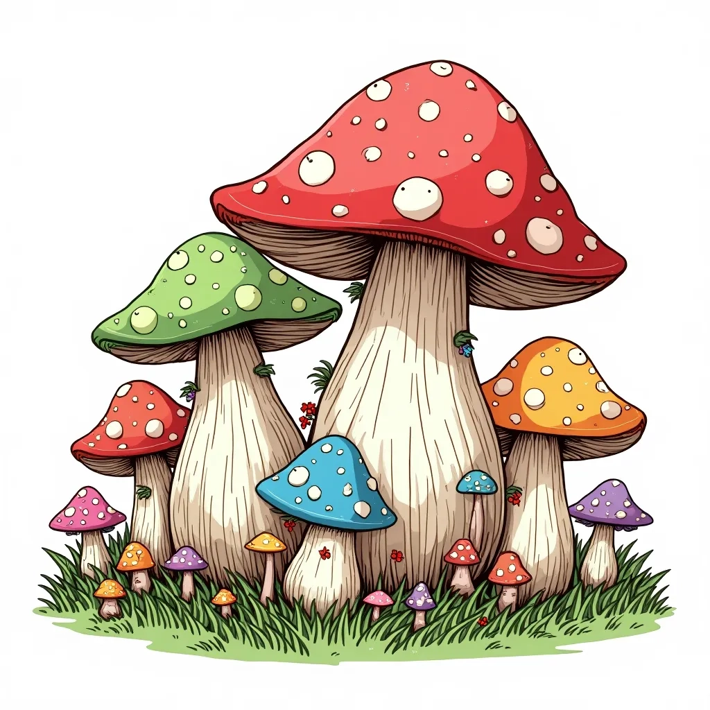 Coloring Page (colored): Mushroom Village - A magical cluster of pastel-colored mushrooms nestled among the fallen leaves, with tiny woodland creatures peeking out from behind them.