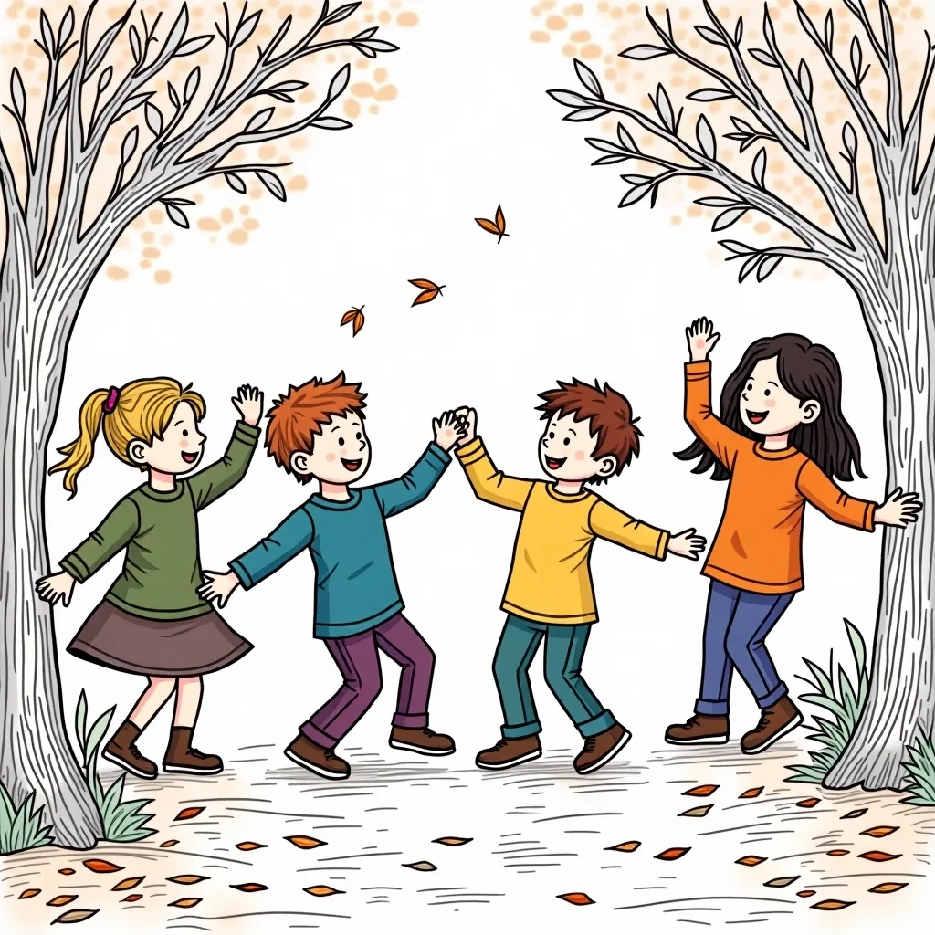 Coloring Page (colored): Falling Leaves Dance - A joyful scene of children swirling and dancing among falling leaves, showing vibrant reds, oranges, and yellows in the air, with a bright blue sky above.