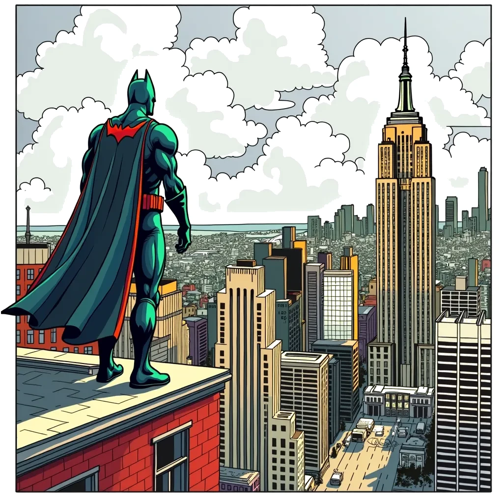 Coloring Page (colored): The Shadow on the Rooftop - A superhero in a dark cape stands on a rooftop overlooking the city, ready to leap into action. Below, a villain with a sinister gadget is plotting to cause chaos in the streets.