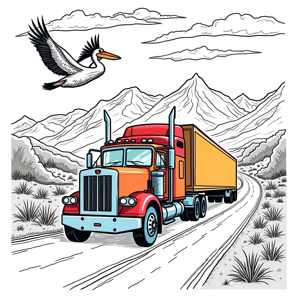Coloring Page (colored): Transporter Truck on the Highway - A big transporter truck driving along a winding highway with mountains in the background, and a pelican flying overhead.