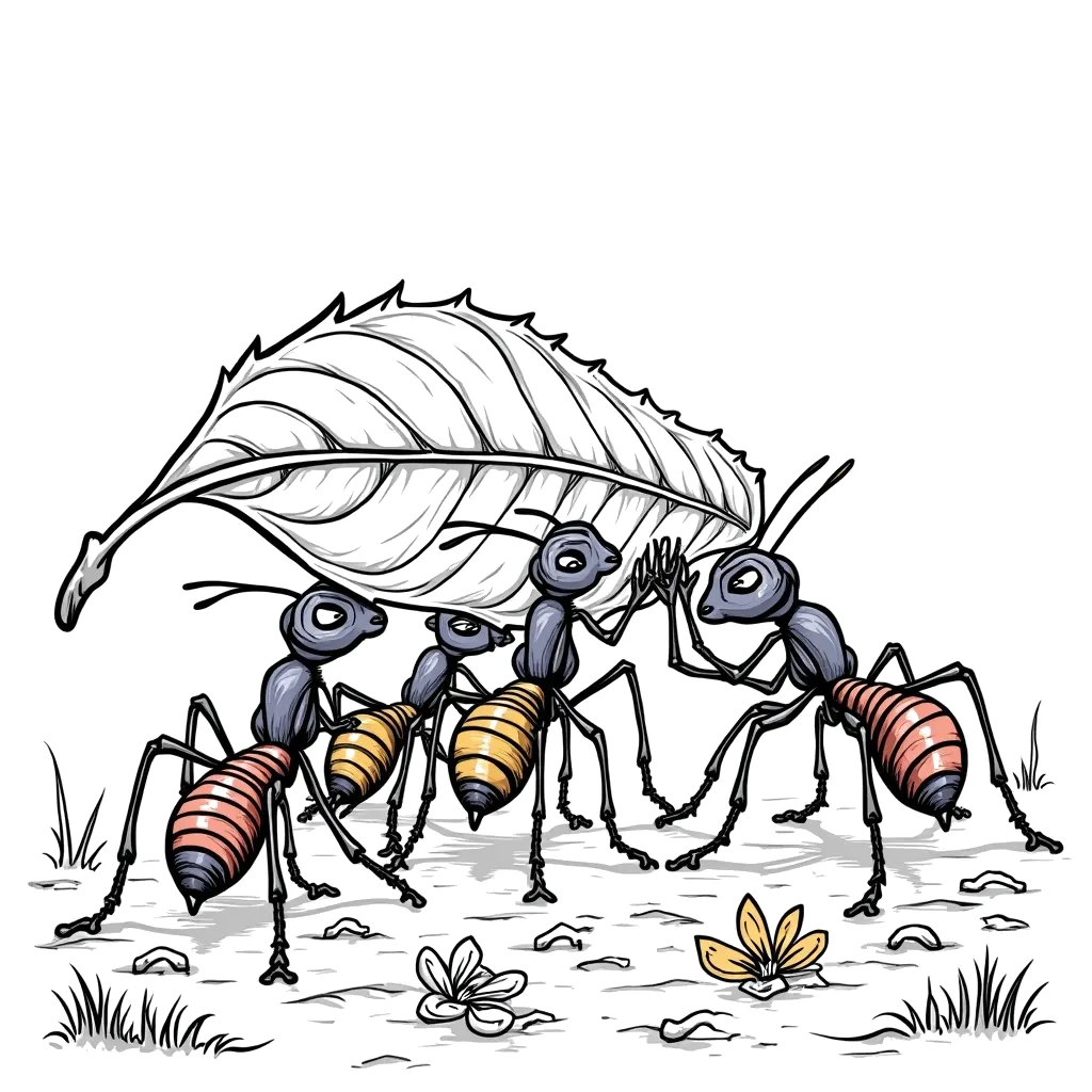 Coloring Page (colored): Ants Working Together - A group of determined ants carrying a large leaf back to their anthill, working together in perfect harmony. The ground is scattered with tiny flowers and fallen twigs.