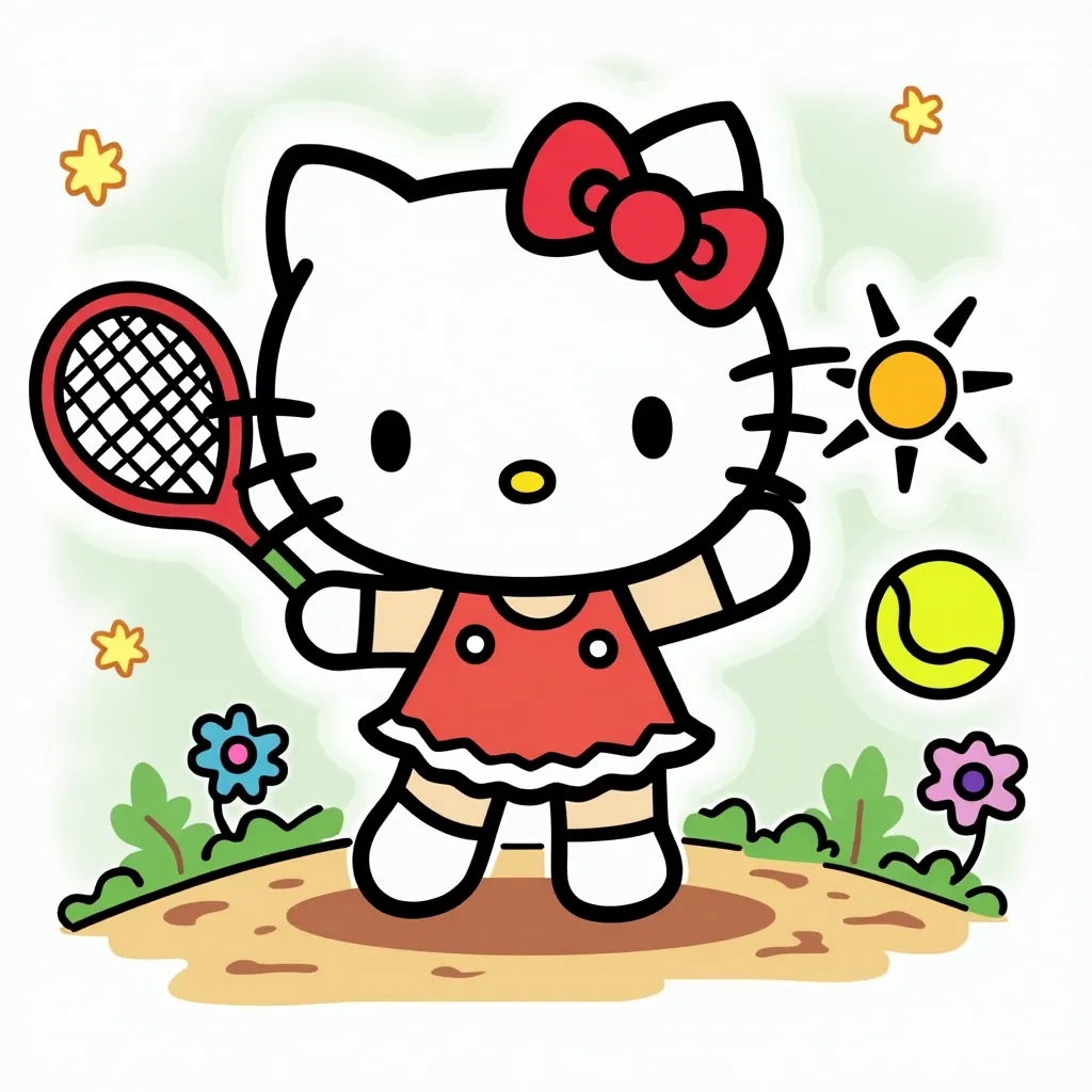 Coloring Page (colored): Hello Kitty Playing Tennis - Show Hello Kitty playing tennis on a lively court, dressed in a cute white tennis outfit, hitting a bright yellow tennis ball with a pink racket, under a sunny sky.