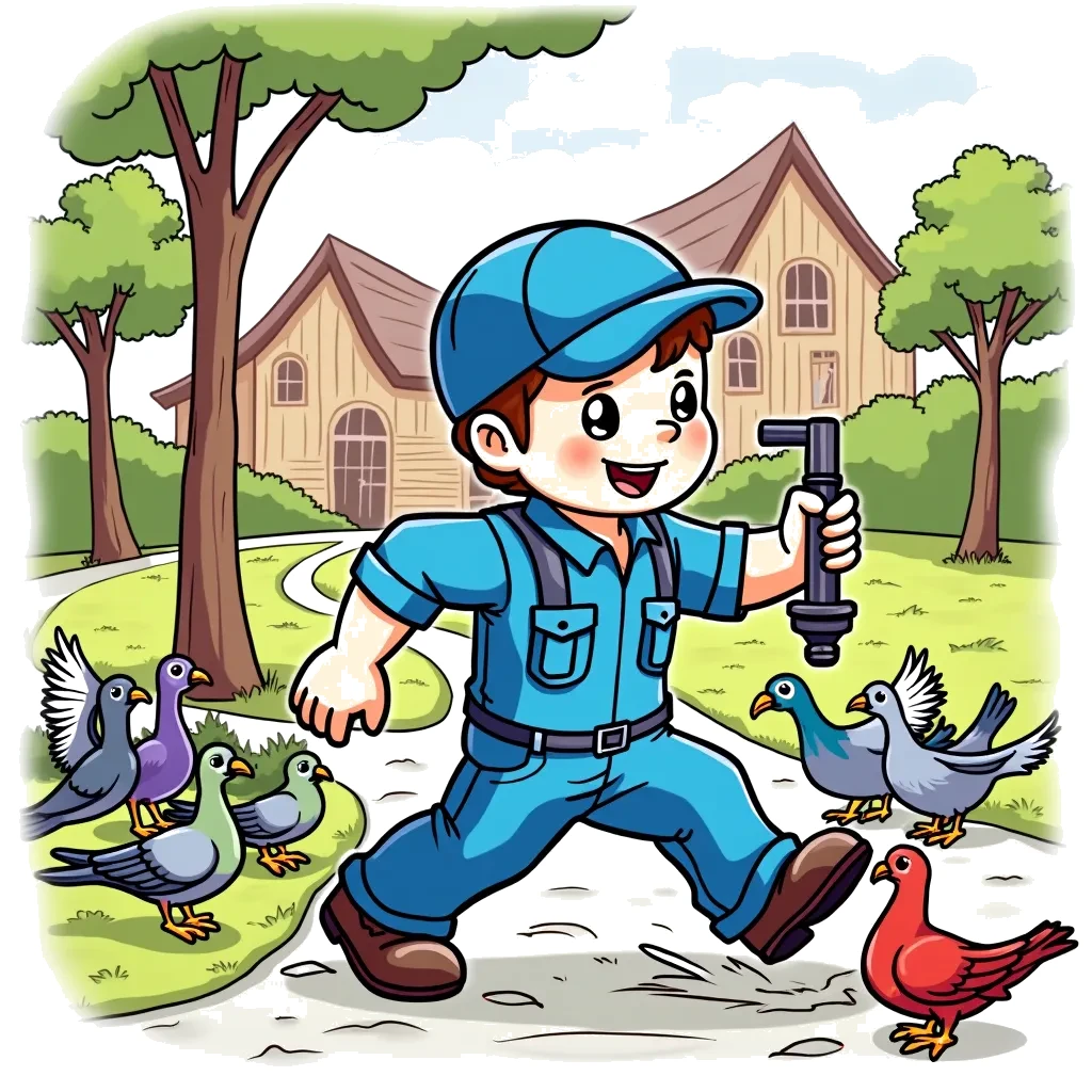 Coloring Page (colored): The Plumbing Rescue - A skilled plumber, wearing a bright blue uniform, rushes to fix a burst pipe in a colorful park. Meanwhile, a mischievous group of pigeons gathers nearby, watching curiously and flapping their wings.