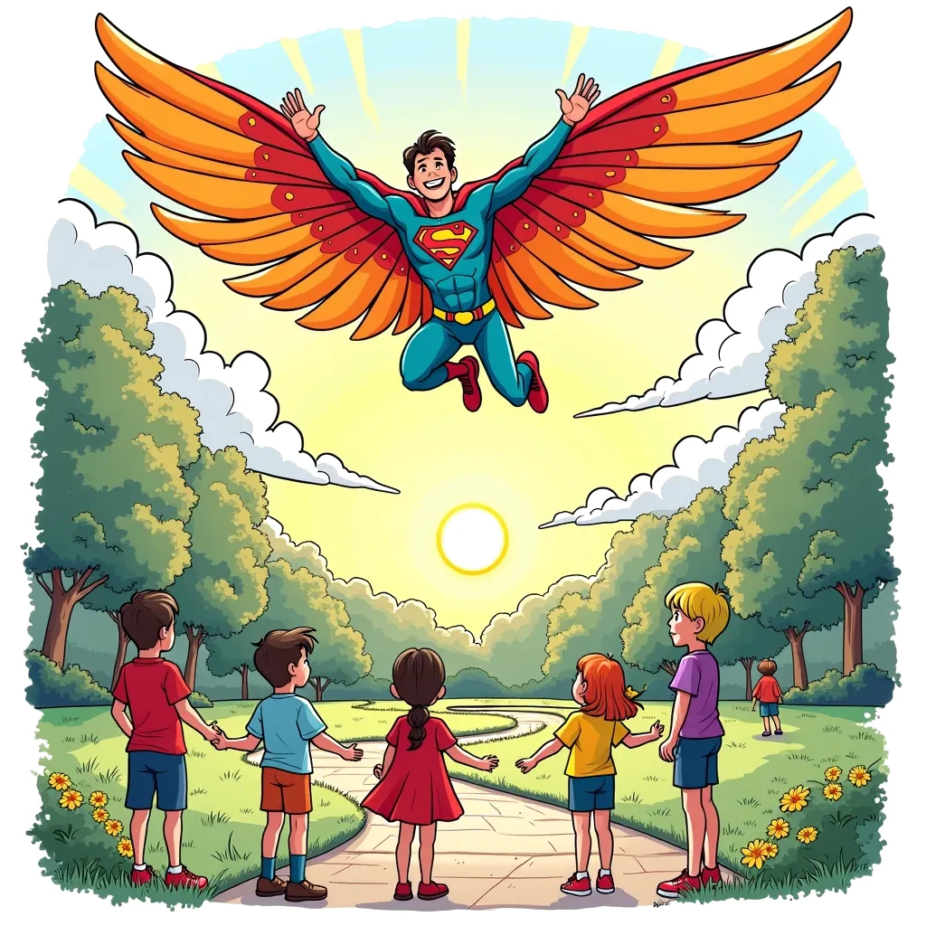 Coloring Page (colored): The Flying Guardian - A superhero with bright wings soars above a park, where children play and look up in awe. The sun is setting, casting a golden glow around them.