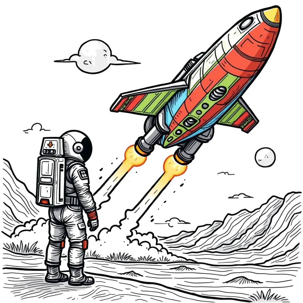 Coloring Page (colored): Spaceship Launch - A sleek spaceship with colorful designs lifts off from a planet's surface, creating a plume of smoke, with a lone astronaut watching from the ground.