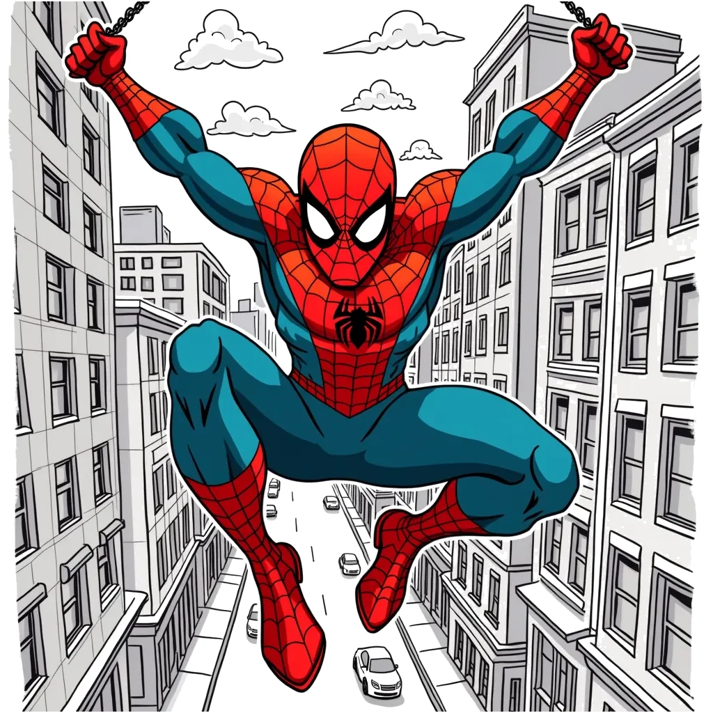 Coloring Page (colored): Web-Slinger in Action - A superhero swinging through the city using webs, with skyscrapers and bustling streets below.