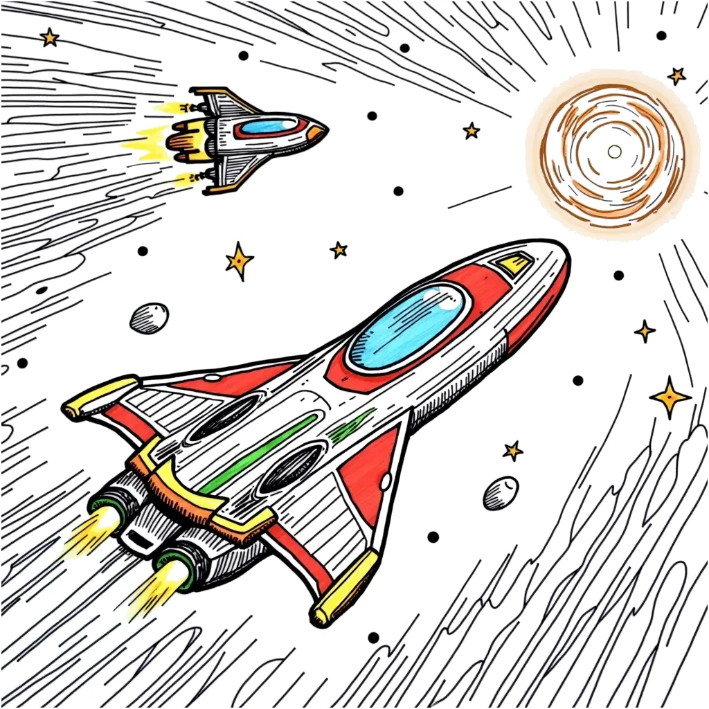 Coloring Page (colored): Spaceship Adventure - A sleek spaceship zooming through the cosmos, leaving a trail of stardust. Nearby, a comet sheds its beautiful tail, creating a magical light show in space.