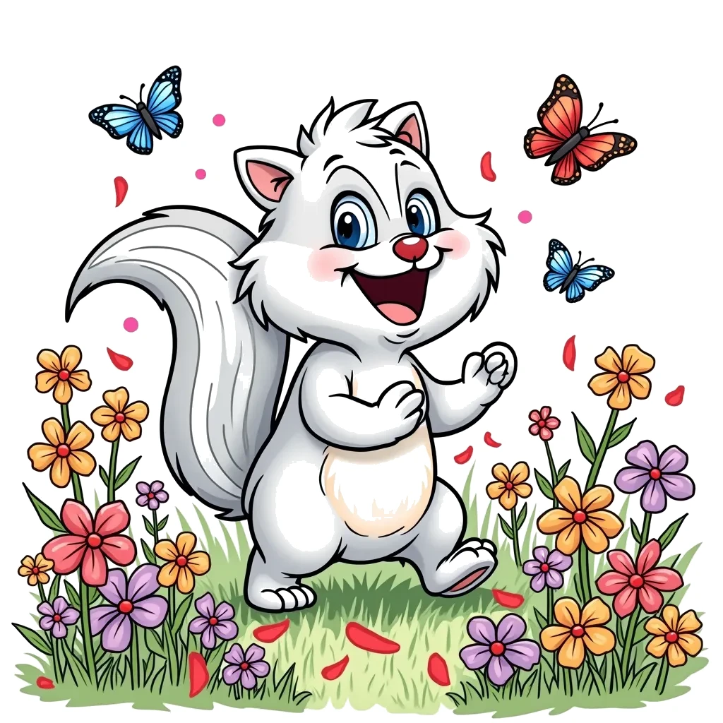 Coloring Page (colored): The Skunk's Flower Power - A playful skunk is happily frolicking through a field of flowers, leaving a trail of colorful petals behind it. The skunk has a big smile and is surrounded by butterflies that seem to enjoy the cheerful atmosphere.
