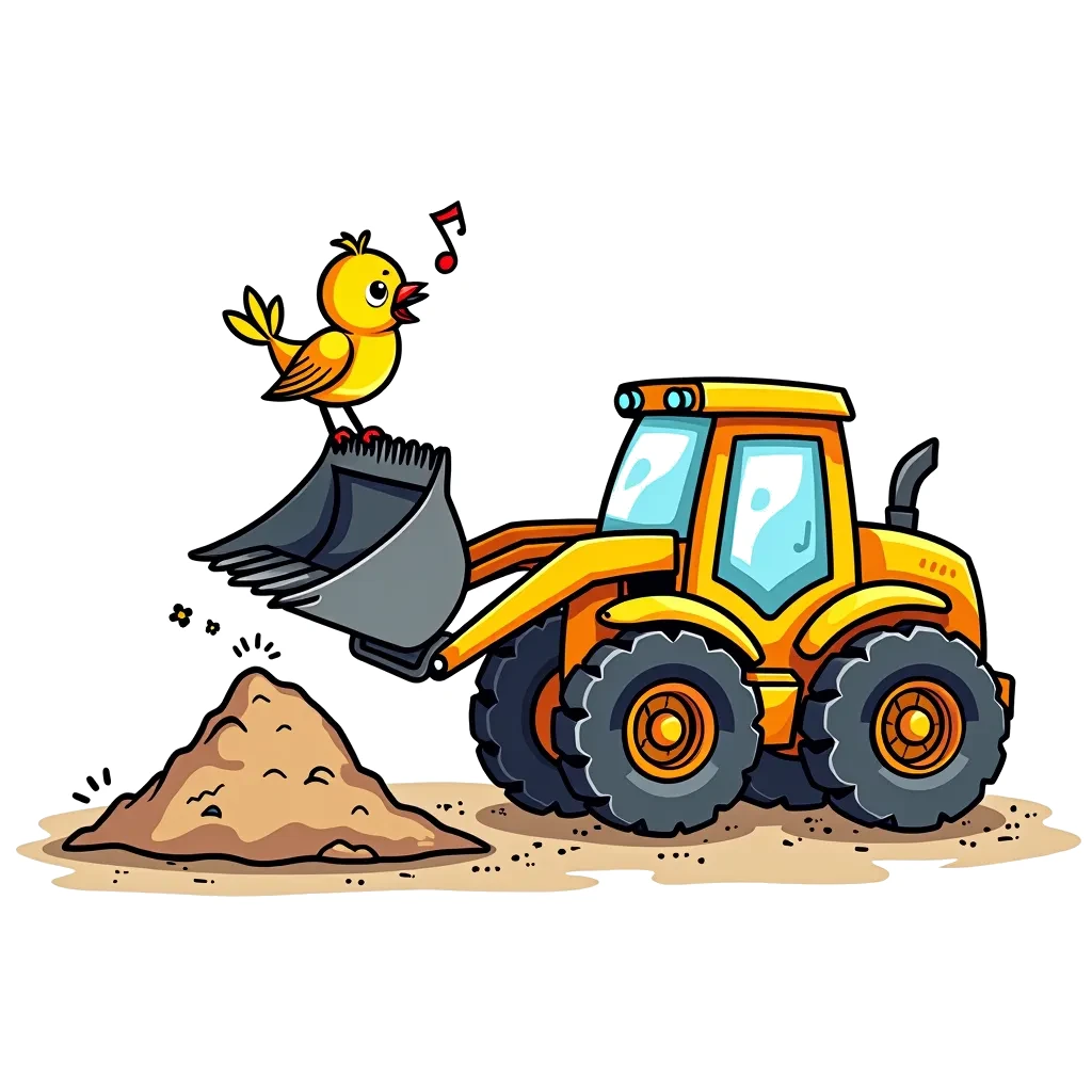 Coloring Page (colored): Bulldozer and the Hill - A cheerful bulldozer is pushing a pile of dirt on a small hill, while a little bird is perched on its blade singing a happy tune.