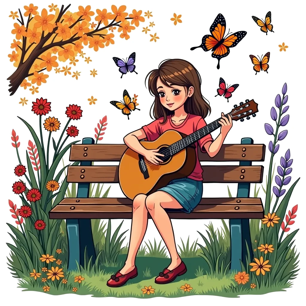 Coloring Page (colored): Guitar Serenade - A young woman sitting on a park bench strumming her acoustic guitar, surrounded by colorful flowers and butterflies dancing in the air.
