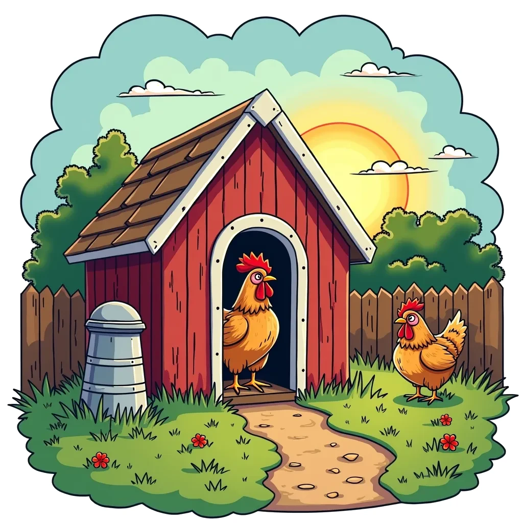 Coloring Page (colored): Chickens in the Coop - A cozy chicken coop with two chickens peeking out from inside. The sun is setting behind the coop, casting a warm glow over the scene, and a grain feeder is visible nearby.