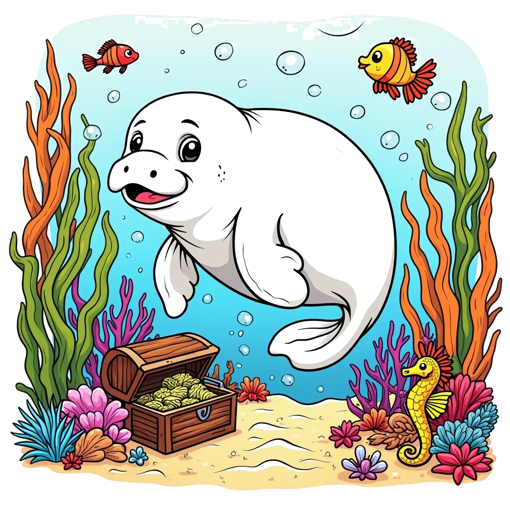 Coloring Page (colored): Underwater Adventure - A cheerful manatee is swimming among colorful coral reefs, surrounded by curious fish and seahorses, while a treasure chest lies hidden in the sand.