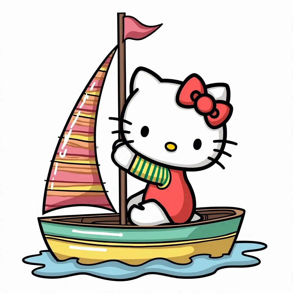 Coloring Page (colored): Hello Kitty Sailing - Illustrate Hello Kitty on a colorful sailboat, sailing across a sparkling blue sea, with a soft breeze blowing her multi-colored sails and little fish jumping in the waves.