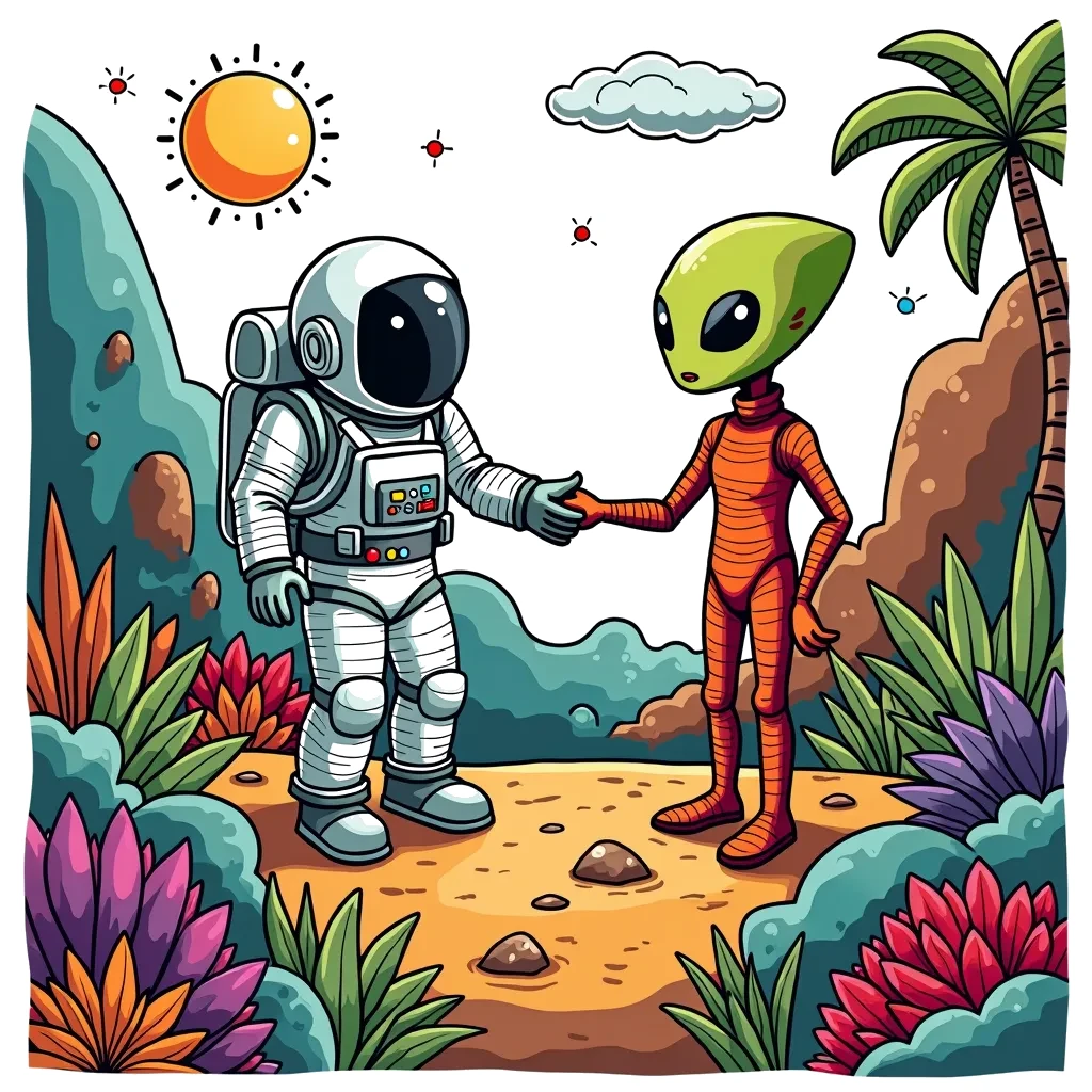 Coloring Page (colored): Planetary Encounter - An astronaut extends a hand towards a friendly alien being on a vibrant planet, with colorful plants and peculiar creatures all around them.