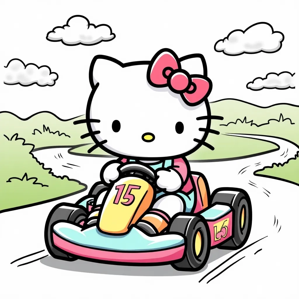 Coloring Page (colored): Hello Kitty At The Race Track - Show Hello Kitty in a go-kart racing on a winding track, with a colorful checkered flag and cheering friends in the background.