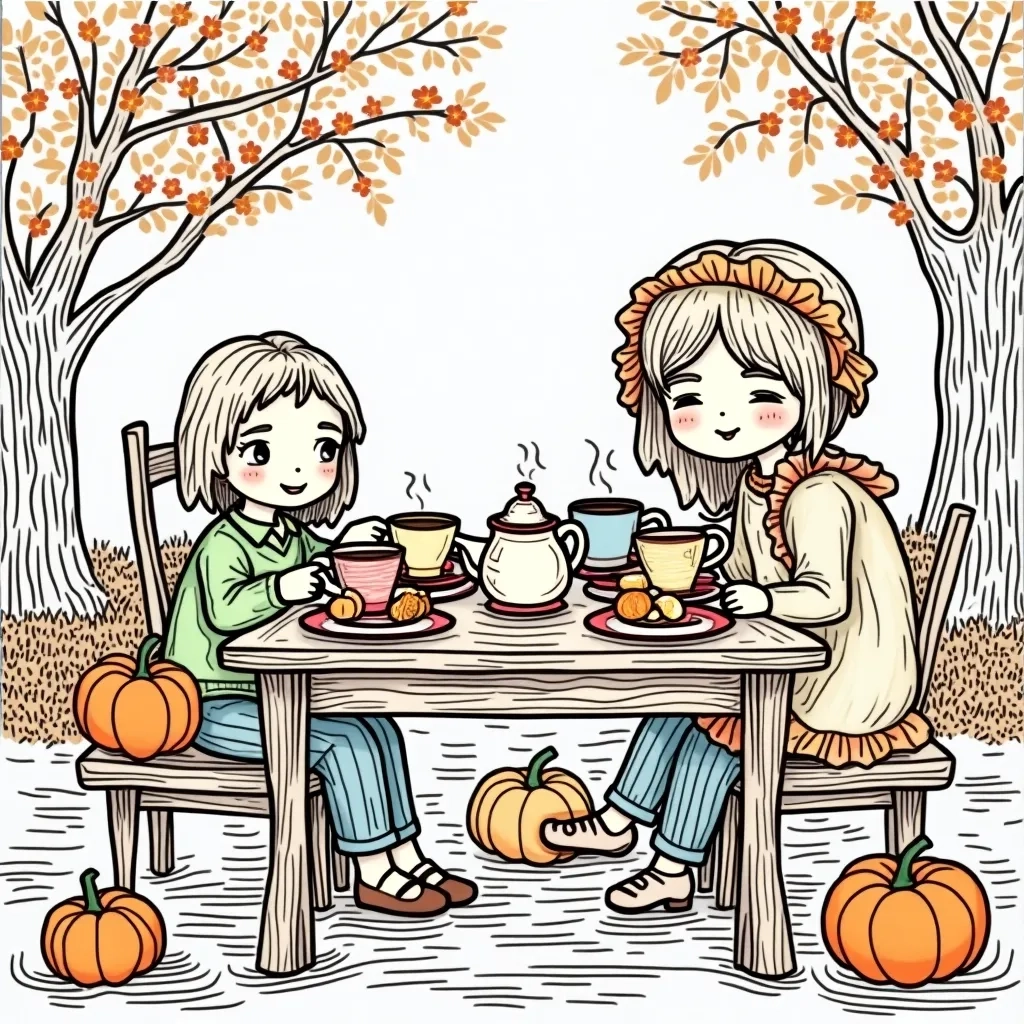 Coloring Page (colored): Autumn Tea Party - An inviting table set with autumn-themed teacups, colorful leaves as place mats, and pumpkin-shaped cookies as decorations, surrounded by trees bursting with orange and yellow foliage.