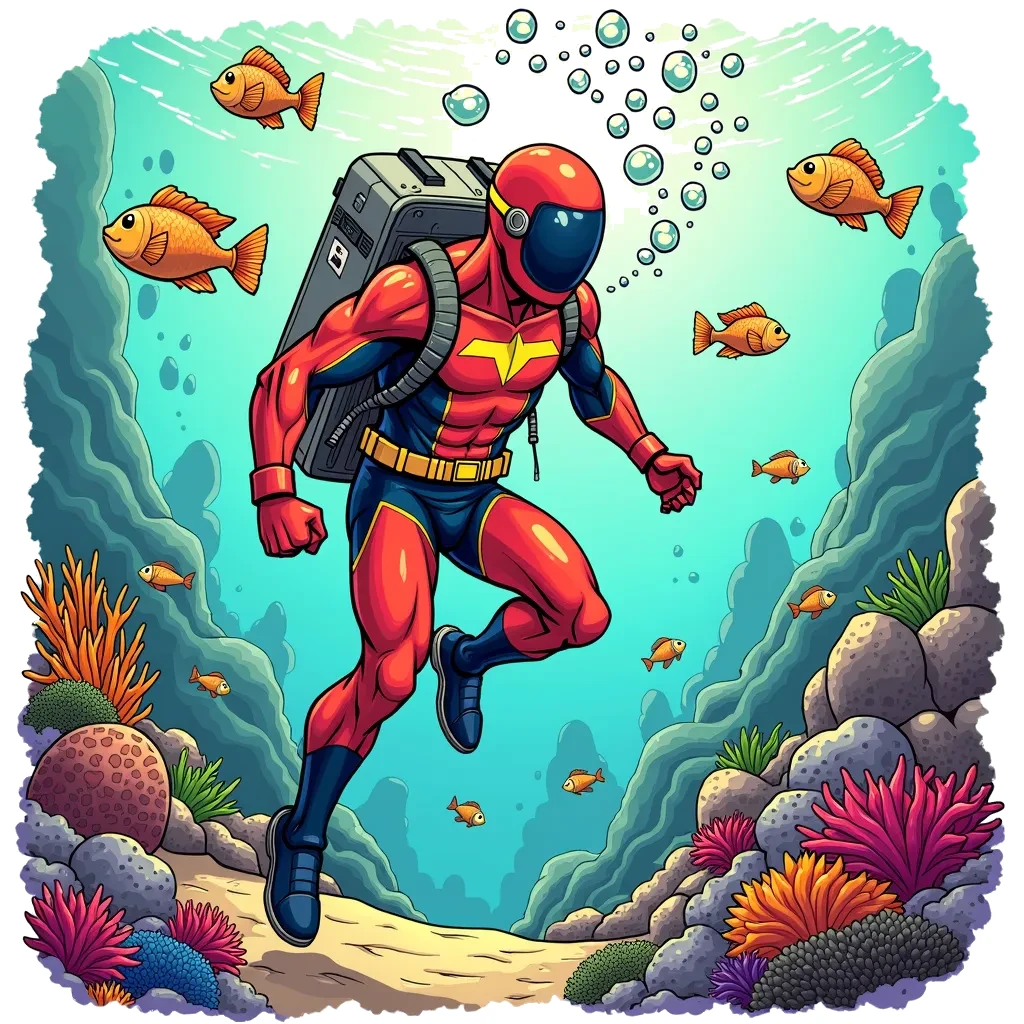 Coloring Page (colored): Underwater Adventure - A superhero with a sleek suit that allows for underwater travel, surrounded by colorful fish and coral, exploring the ocean depths. Bubbles rise around them, adding to the sense of movement and adventure.