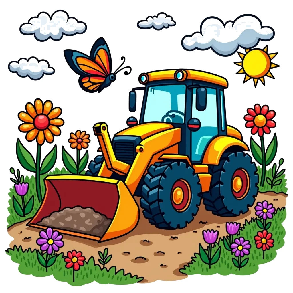 Coloring Page (colored): Loader and the Garden - A front-end loader is moving soil among colorful flowers while a butterfly flutters nearby.