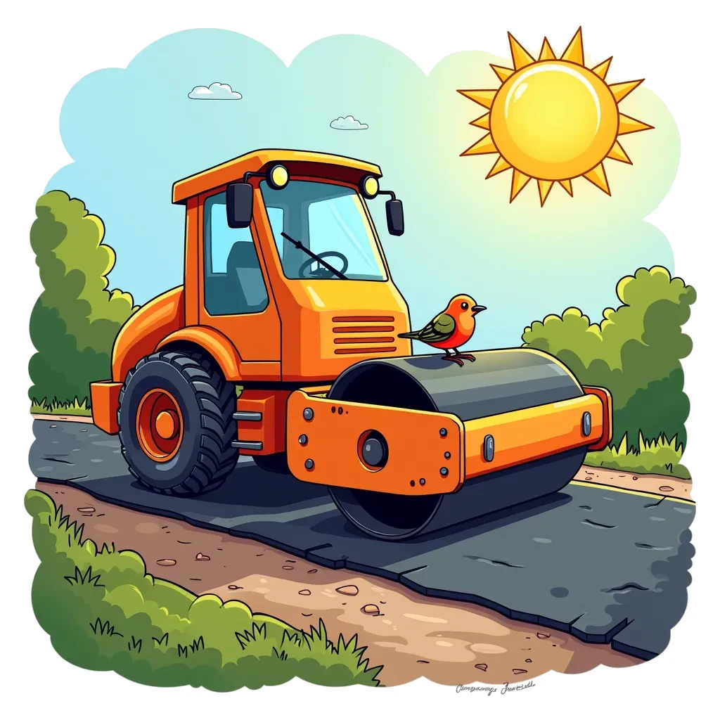 Coloring Page (colored): Road Roller Rumble - Illustrate a bright orange road roller flattening asphalt on a freshly built road. A small bird is resting on the roller, enjoying the warmth from the sun as it rolls along.