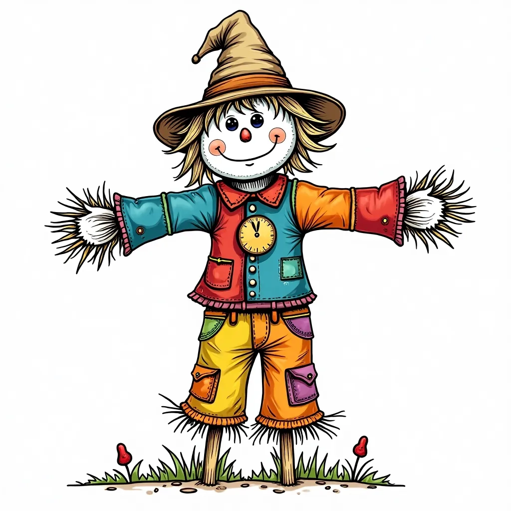 Coloring Page (colored): Scarecrow's Watch - A whimsical scarecrow dressed in patched clothes, standing guard over a field of ripening corn, with colorful fall flowers blooming at its feet.