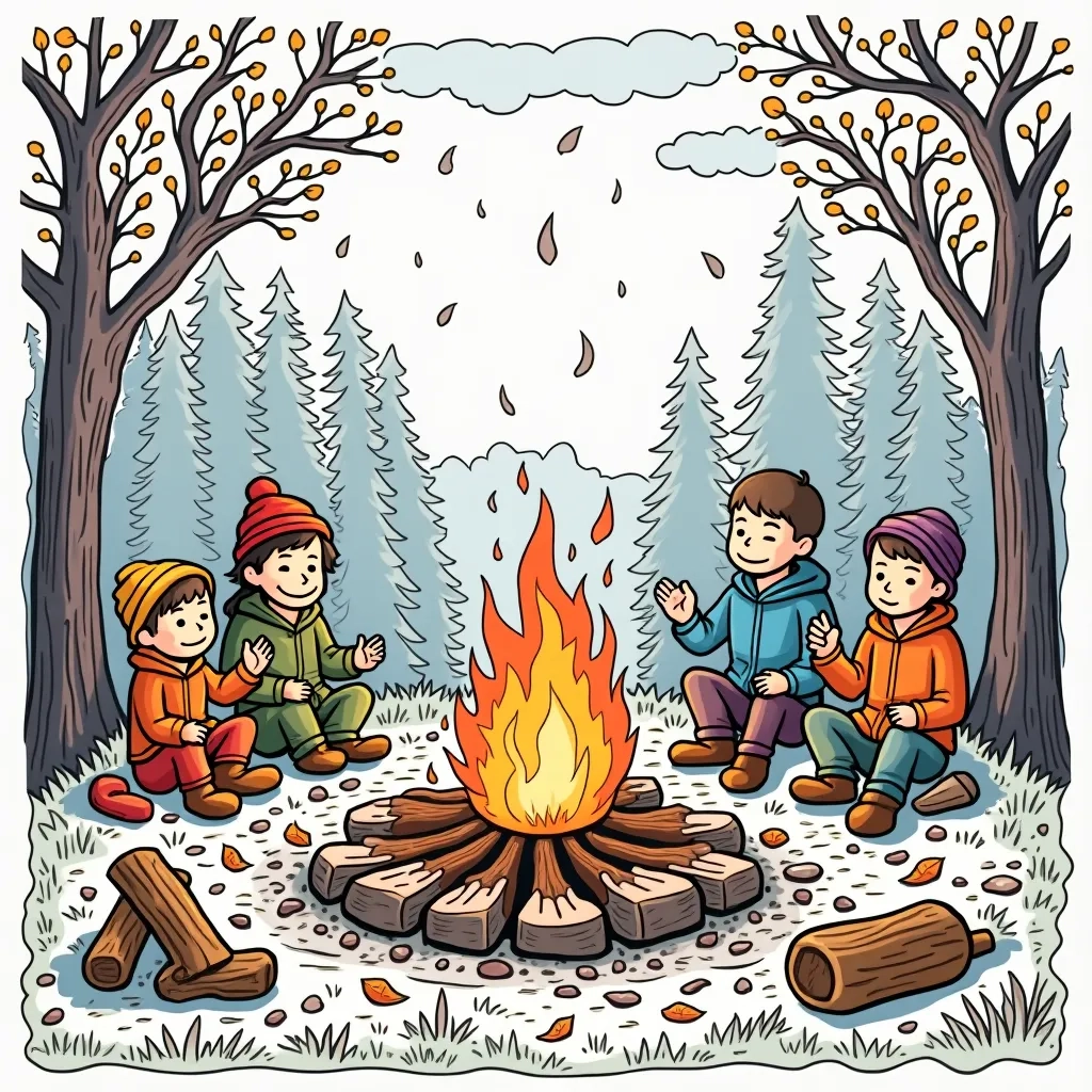 Coloring Page (colored): Autumn Campfire Gathering - An open campsite with a glowing campfire, friends roasting marshmallows, surrounded by trees adorned in fiery red foliage.