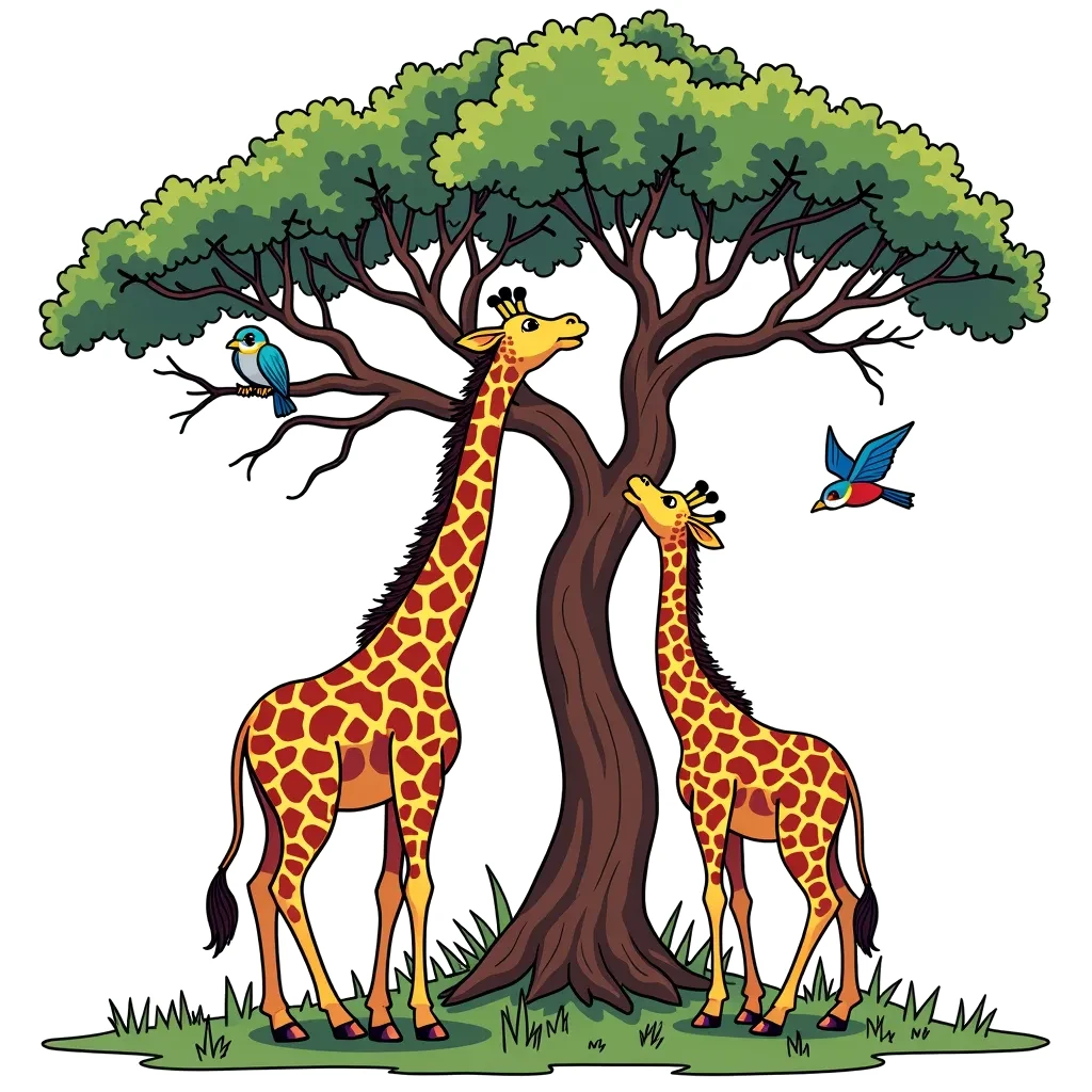 Coloring Page (colored): Tall Trees and Tall Neck - A graceful giraffe reaching up to munch on leaves from the top of a tall acacia tree, with birds perched nearby.