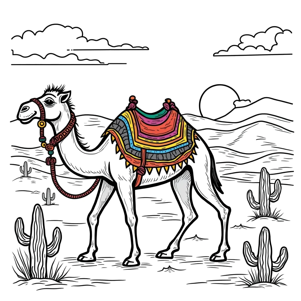 Coloring Page (colored): Camel Caravan in the Desert - A camel is walking through the desert carrying a colorful saddle, with dunes and a setting sun in the background. A few cacti can be seen scattered around the landscape.