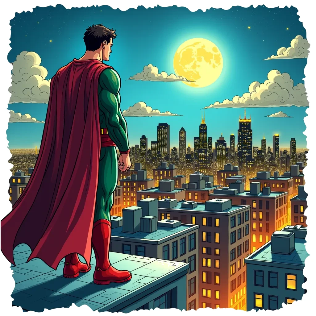 Coloring Page (colored): Nighttime Vigilante - A superhero in a dark cape stands on a rooftop, overlooking a city skyline at night, with a full moon shining bright.